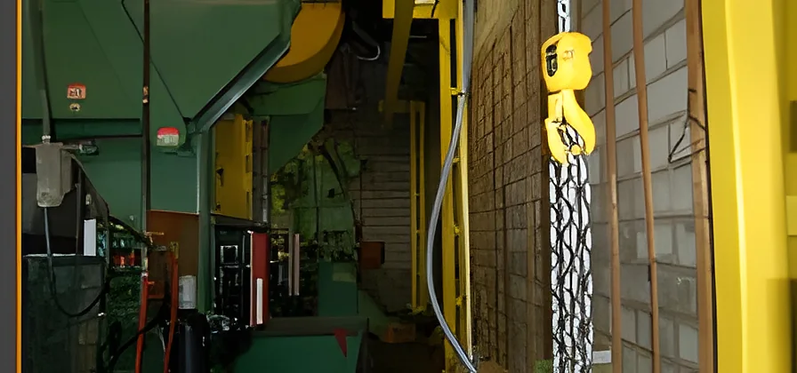 Shop floor with green press and yellow hoist chain